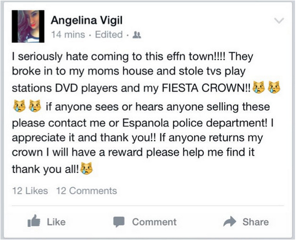 Burglars make off with Española Valley Fiesta queen’s decades-old crown